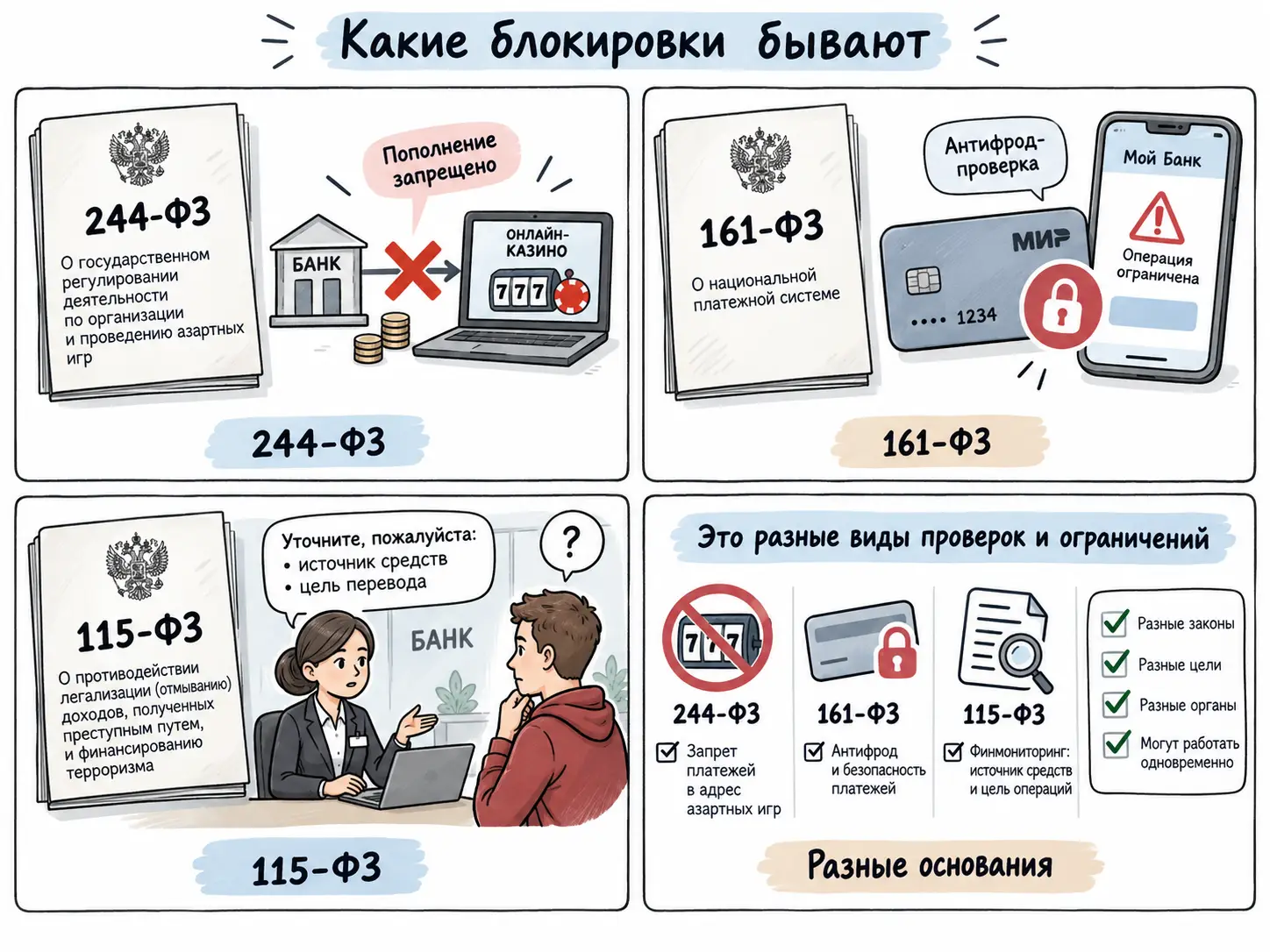 Блокировки по 244-ФЗ 161-ФЗ и 115-ФЗ при операциях с казино
